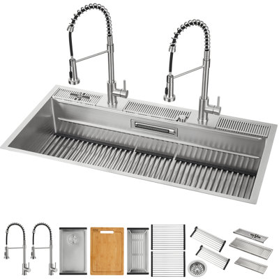 FORNO ACQUA 45 in. Drop-In/Undermount 3-Level Workstation Sink with Two Faucets & Glass Rinser