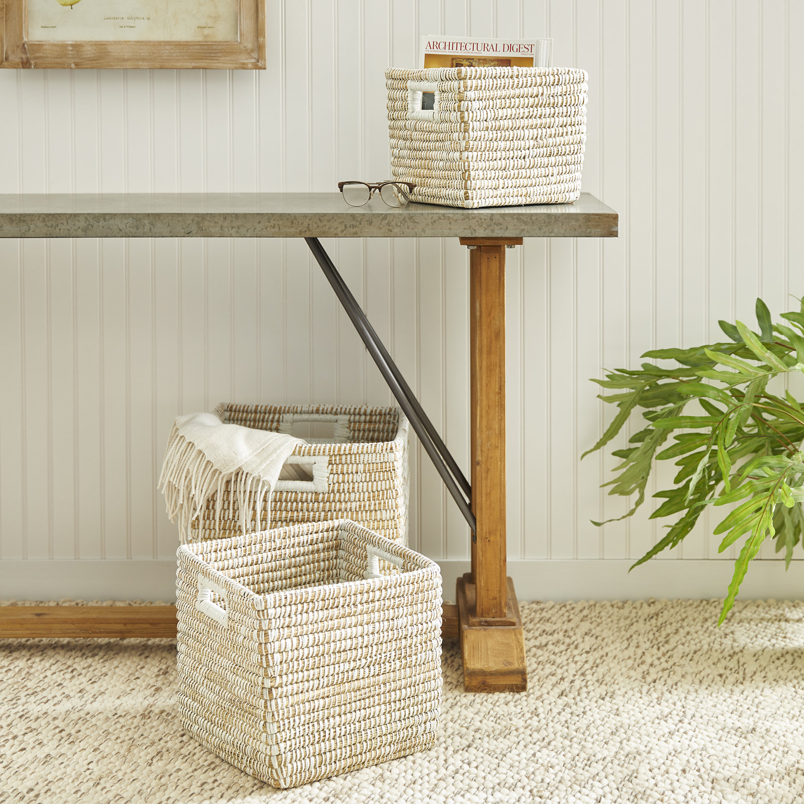 Vira Rivergrass Square Baskets with Handles in White, Set of 3