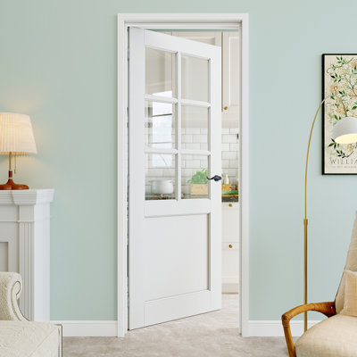 28" x 96" 6-Lite Clear Glass Interior Prehung Door with Curve Lever and Silver Hinges, Clear Glass Door Slab, Paintable & Waterproof, Suit for Laundry, Closet Doors, Room Doors, Left Hand