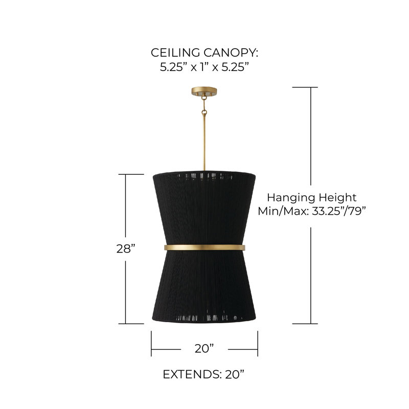 Luminaire suspendu unique en forme de sablier à 6 lumières Cecilia, Corde noire