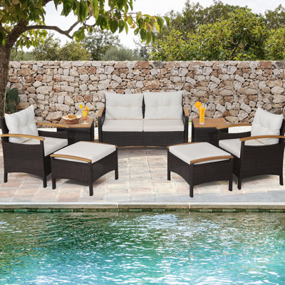 7pcs Patio Rattan Furniture Set Cushion Armrest Loveseat Ottoman Table by Red Barrel Studio