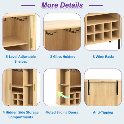Armoire à vin cannelée avec support à vin à 8 grilles, 5 tablettes réglables à 5 niveaux, 2 porte-verres, 4 espaces de rangement cachés et portes coulissantes