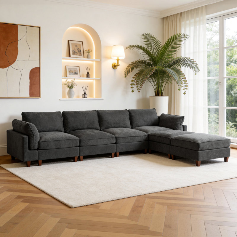 Canapé modulaire en tissu 4 pièces avec 2 repose-pieds, Tissu gris, H 38,1 po x l 160,6 po x P 37,4 po