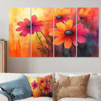 Orange dansant parmi les fleurs sauvages I - Art mural fleurs sauvages - Art mural traditionnel, toile 4 pièces