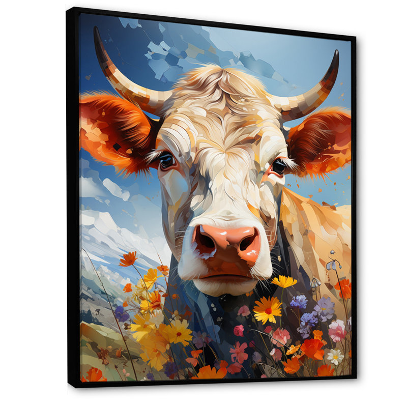 Lynkon Cow Floral Grazing III, reproduction d'art sur toile, H 32 po x l 24 po x P 1 po, Cadre flottant noir