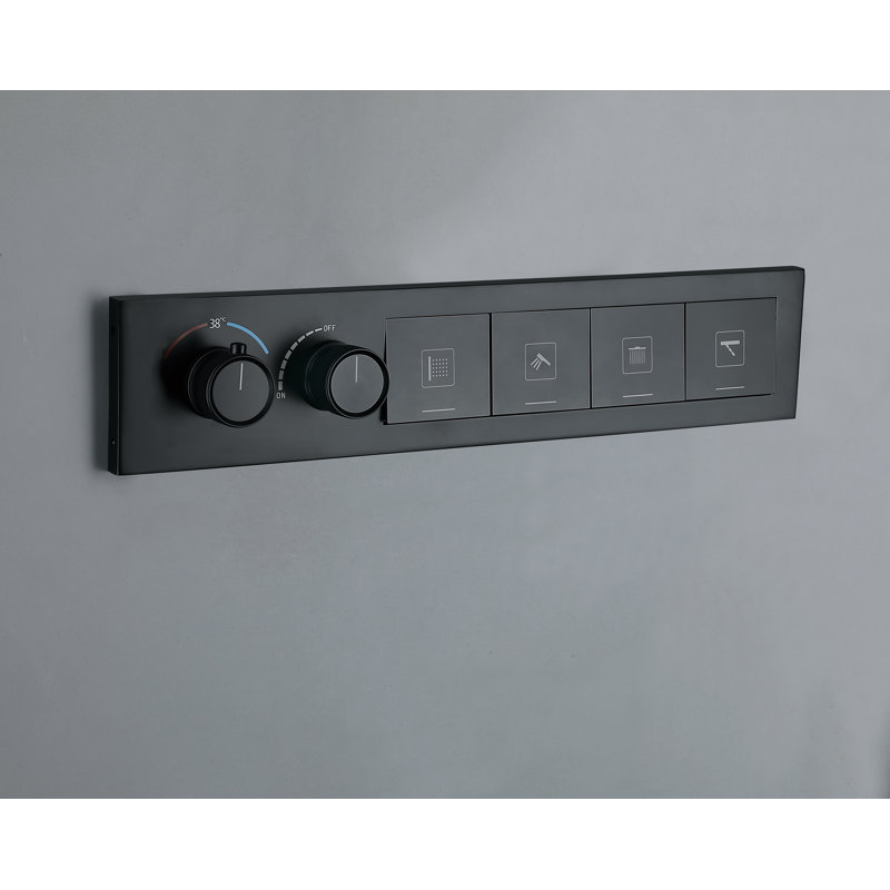 Wall-Mounted Modern Long Row Thermostatic Four-Function Shower System, Matte Black