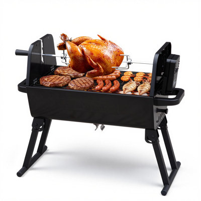 Barbecue portatif au charbon de bois 2-en-1 Brand-man avec rôtissoire électrique en acier inoxydable - Acier émaillé de porcelaine, assemblage sans outil, conception pliable et hauteur réglable pour la cour arrière, le camping, le patio et les fêtes d'avant-match