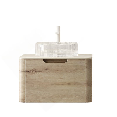 Meuble-lavabo 24 po avec lavabo, armoire de rangement flottante en contreplaqué avec tiroir, lavabo rond en verre transparent et plateau en pierre frittée à motif de travertin Roma, couleur grain de bois de chêne blanc