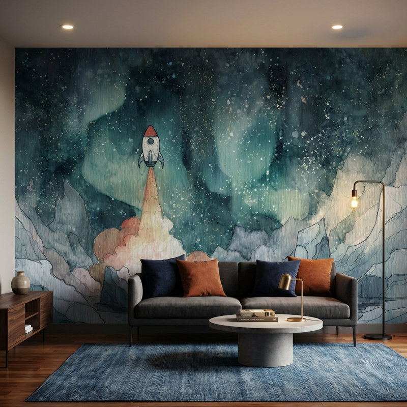 Papier peint double fusée amovible Spacey, Non tissé, 120 po x 96 po