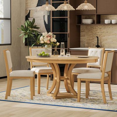 TREXM 5-Piece Retro Functional Dining Table Set Extendable Round Table And 4 Upholstered Chairs For Dining Room And Living Room (Natural)