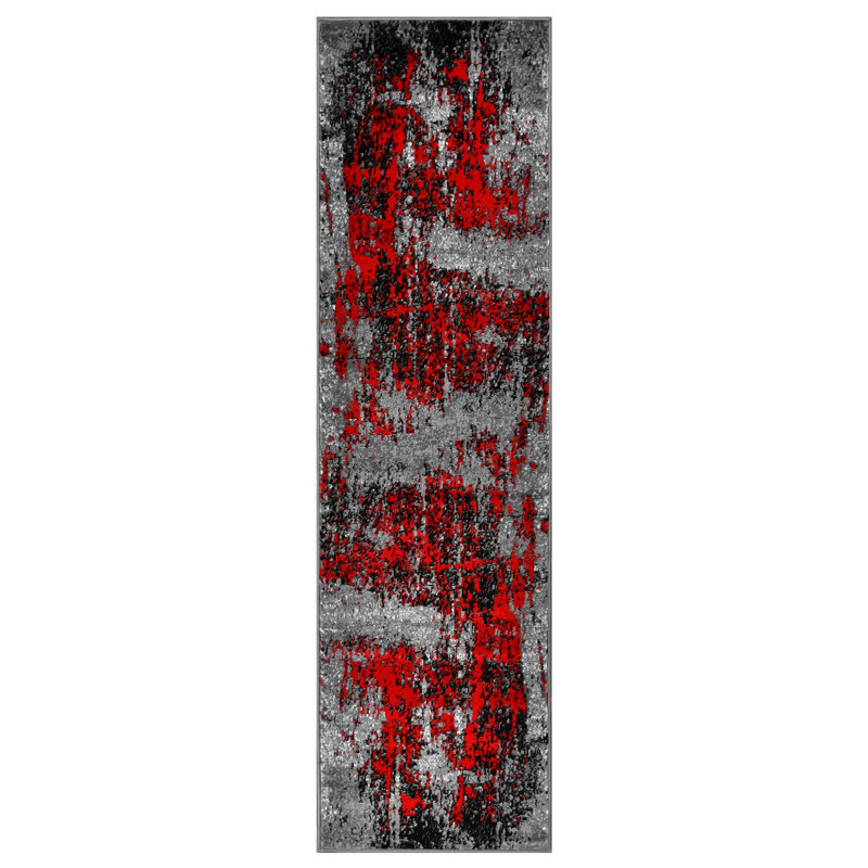 Tapis gris contemporain noir HR, Tapis de couloir de 2 pi x 7 pi