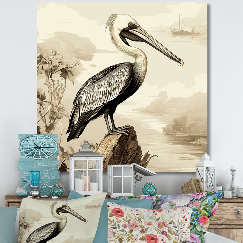 Pélican rétro par The Shore II - art mural pélican, Toile tendue, H 36 po x l 36 po x P 1,5 po