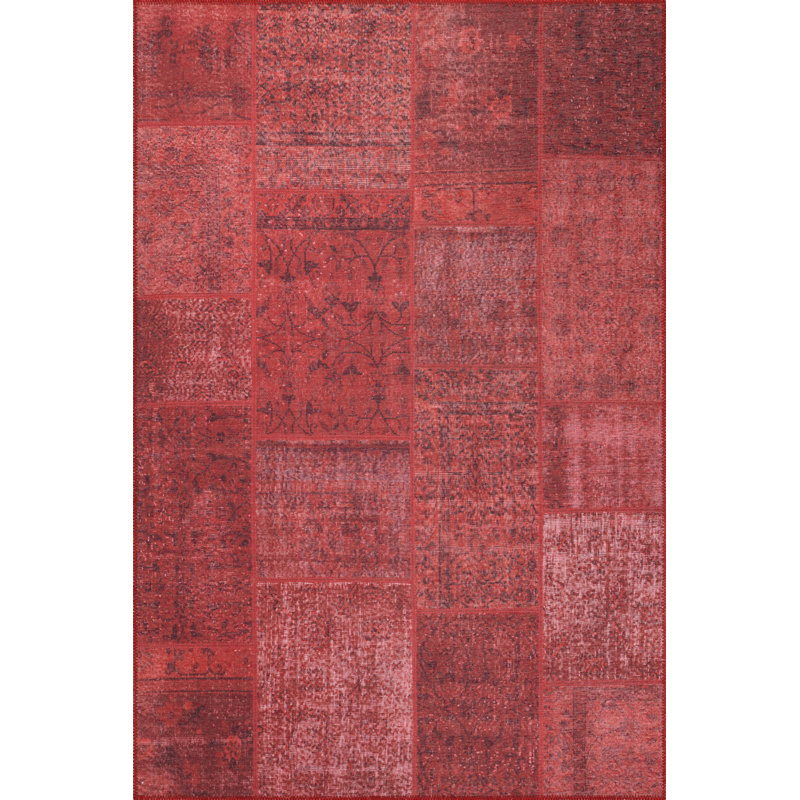 Tapis décoratif rouge à motif tissé patchwork, Rectangle 6 pi 11 po x 10 pi 3 po