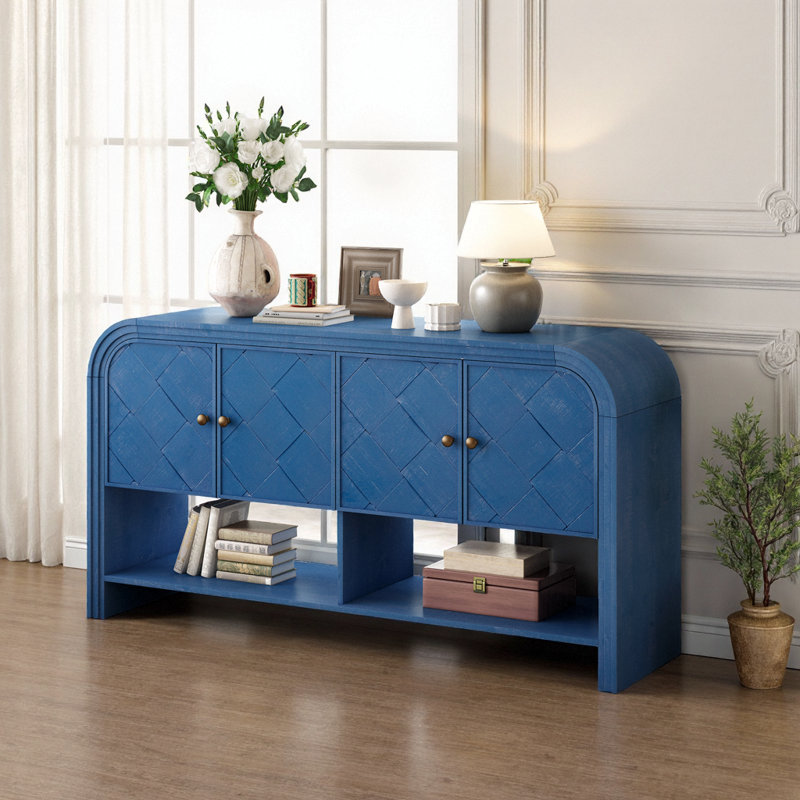 Console de style américain bleu marine avec lattes en bois tissé et placage de bois massif - Solution de rangement pour hall d'entrée et couloir