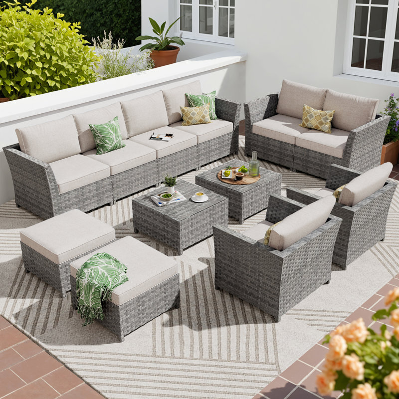 12- Piece No - Assembly Wicker Outdoor Patio Furniture Set with ottoman.include Cushions and table, Cream