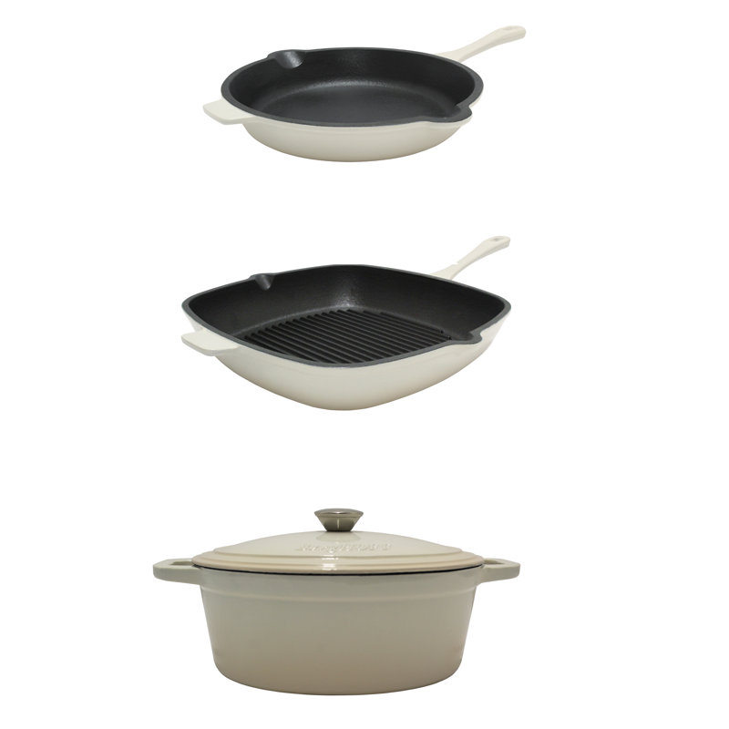 Batterie de cuisine en fonte 4 pièces BergHOFF Neo avec poêle à frire, poêle à griller et Four hollandais couvert, Crème