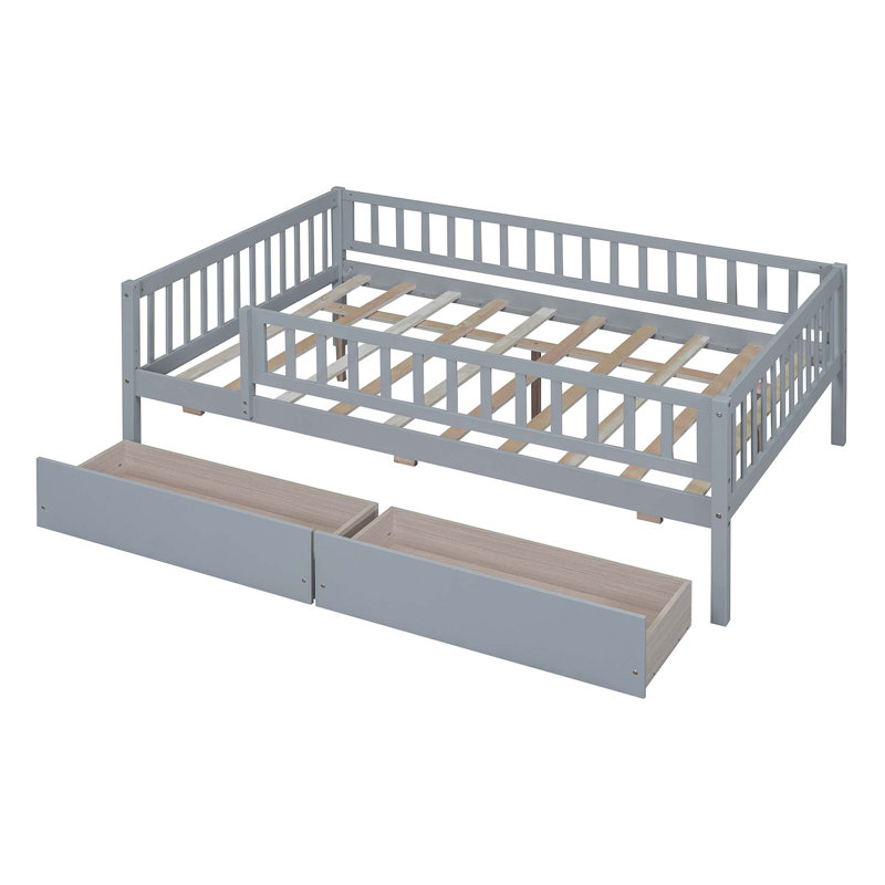 Kids Daybed Wood Bed with Two Drawers, Gray, Full