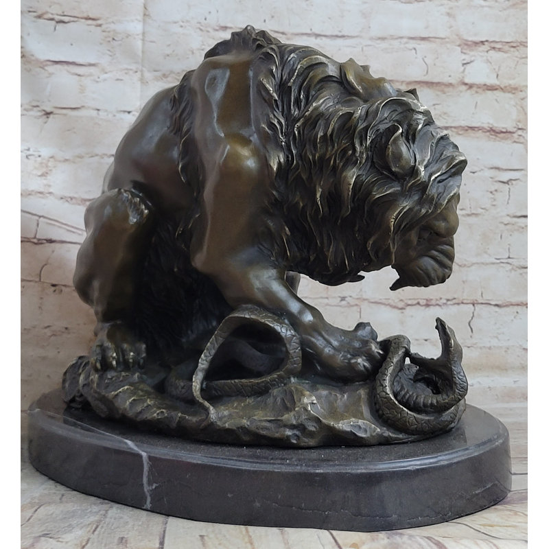 Antique Bronze Lion vs Snake Statue on Marble Base
