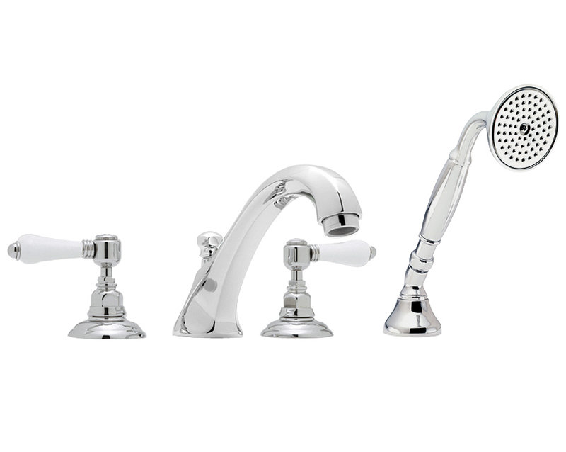 Robinet de baignoire romaine à fixation sur plateau à poignées doubles avec douche à main Country, Chrome poli