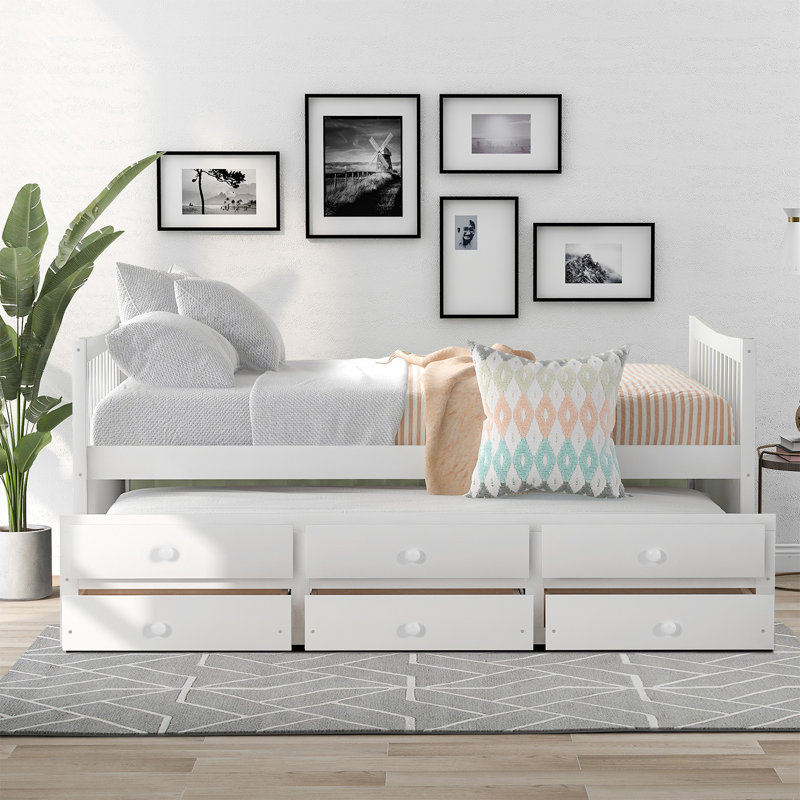 Crainville Wooden Full Size Daybed with a Twin Size Trundle Bed and Three Storage Drawers, White