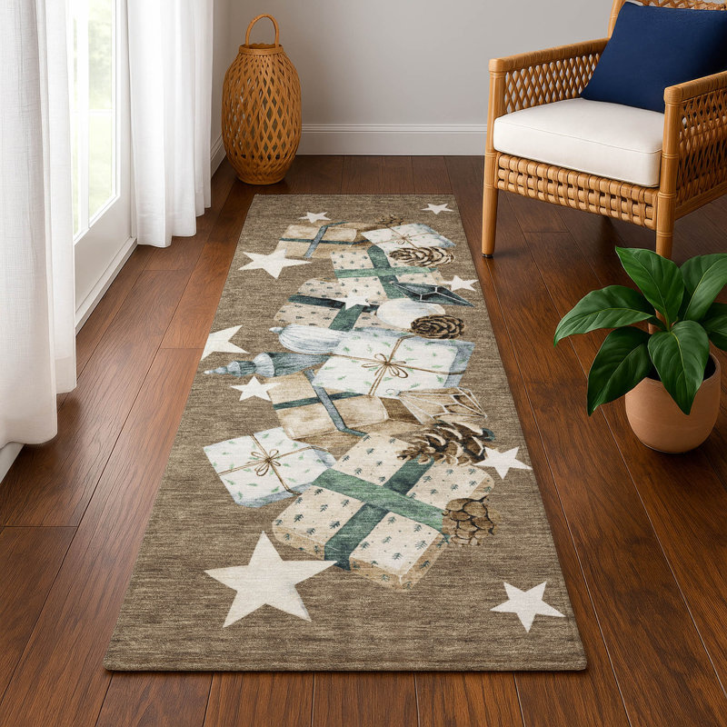 Premium Machine Washable Castillon AMF1825 Stars and Presents Holiday Rug, Runner 2'3" x 7'6"