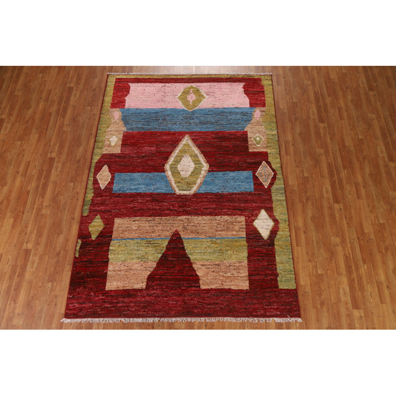 Tapis rouge en laine noué à la main de conception unique 6 pi 6 po x 9 pi 2 po New Age
