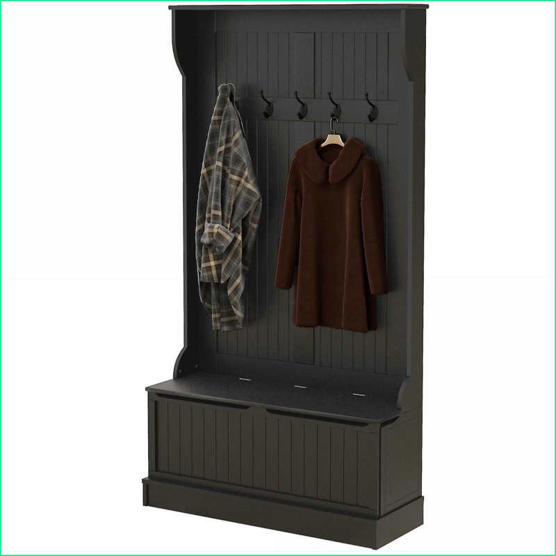 Hall Tree with Storage Bench, Coat Rack with 4 Hooks &amp; Shoe Storage | Black | MDF, Black