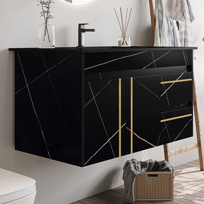 Meuble-lavabo flottant avec lavabo et plateau en faux marbre