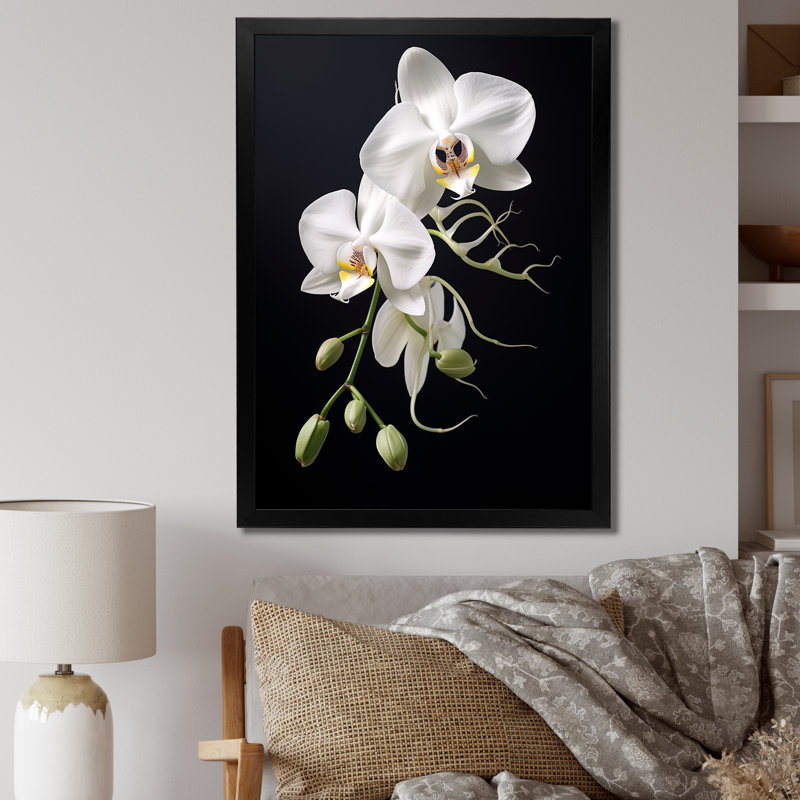 Orchidée délicate noire et blanche - décoration murale orchidée, H 20 po x l 12 po x P 1 po, Cadre simple noir