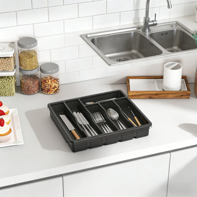 Plastic Silverware Storage Box With Lid, Covered Utensil Tray For Kitchen Drawer And Countertop