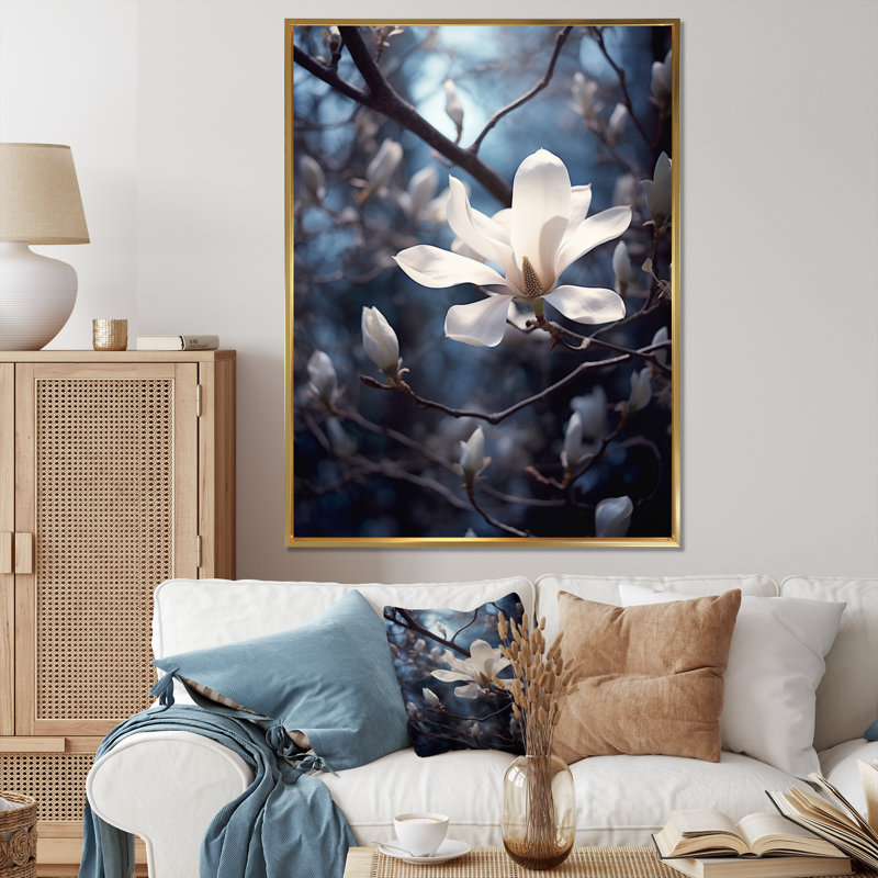 " White Blue Magnolias Elegance Landscape ", 44" H x 34" W x 1.5" D, Gold Floater Framed
