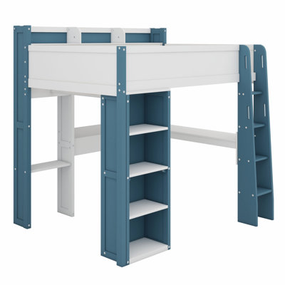 Lit mezzanine en bois avec tablettes de rangement, portemanteaux et bureau