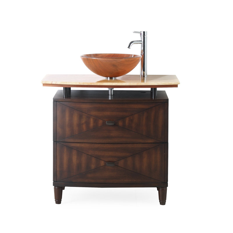 Valentina 36'' Medium Brown Birch Wood Vessel Sink Vanity with Marble Top