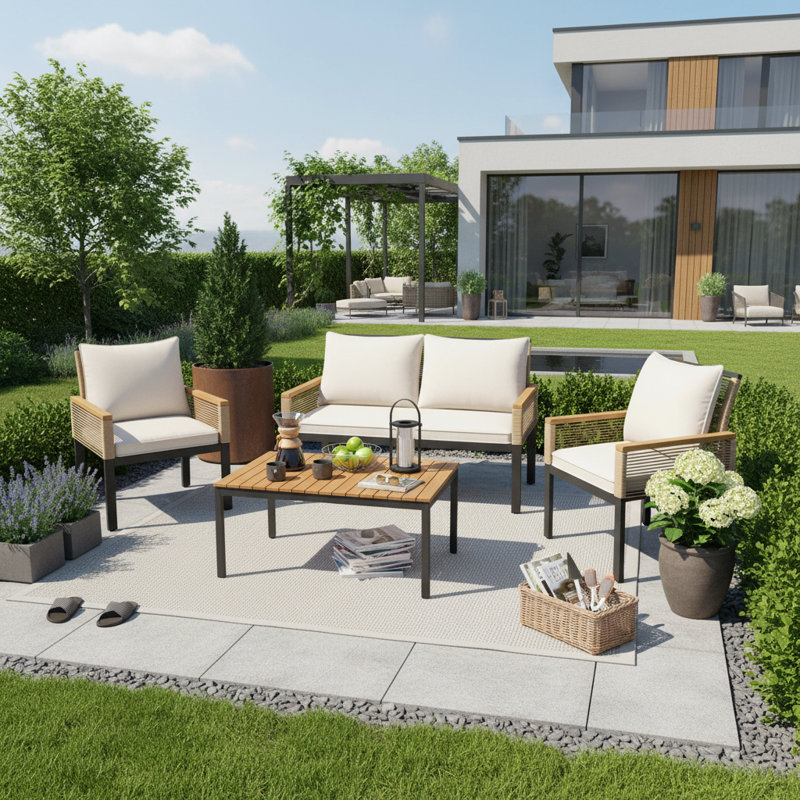 Wicker 4 - Person Garden Lounge Set, Beige Cushion/Natural/Black Frame