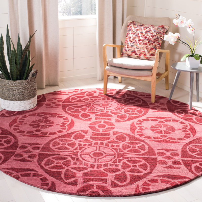 Kouerga Hand Tufted Wool/Viscose Geometric Rug in Red, Round 7'