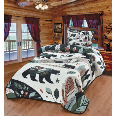 Forest Life Woodland Black Bear Green Nature Lodge Cabin Themed Decorative Bedding Set