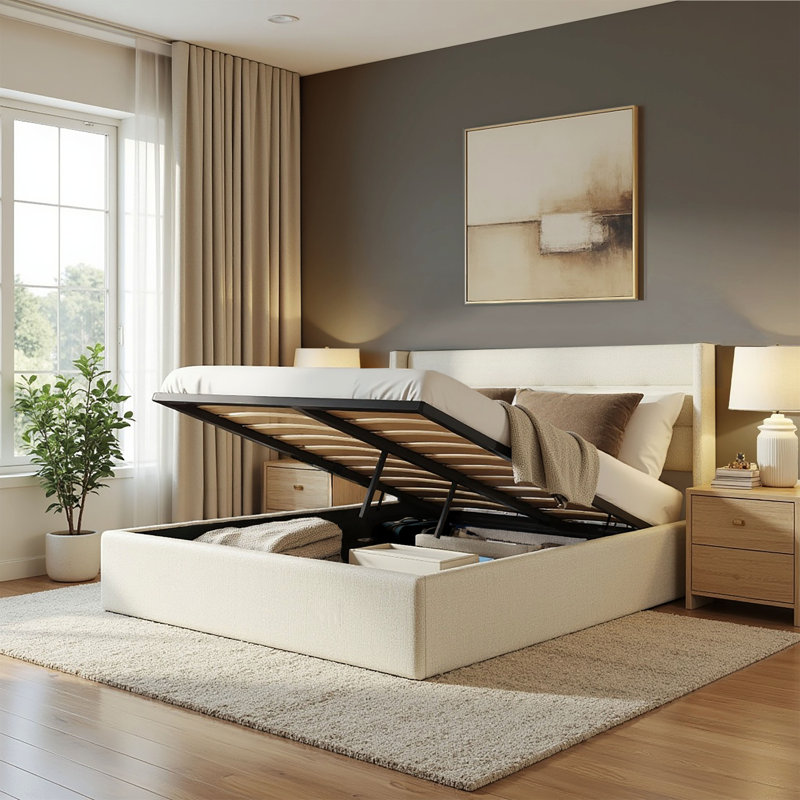 Cadre de lit Aykah Zir avec rangement relevable, Heaboard rembourré, cadre de lit Meta avec rangement Hydrualic, aucun sommier requis, design moderne