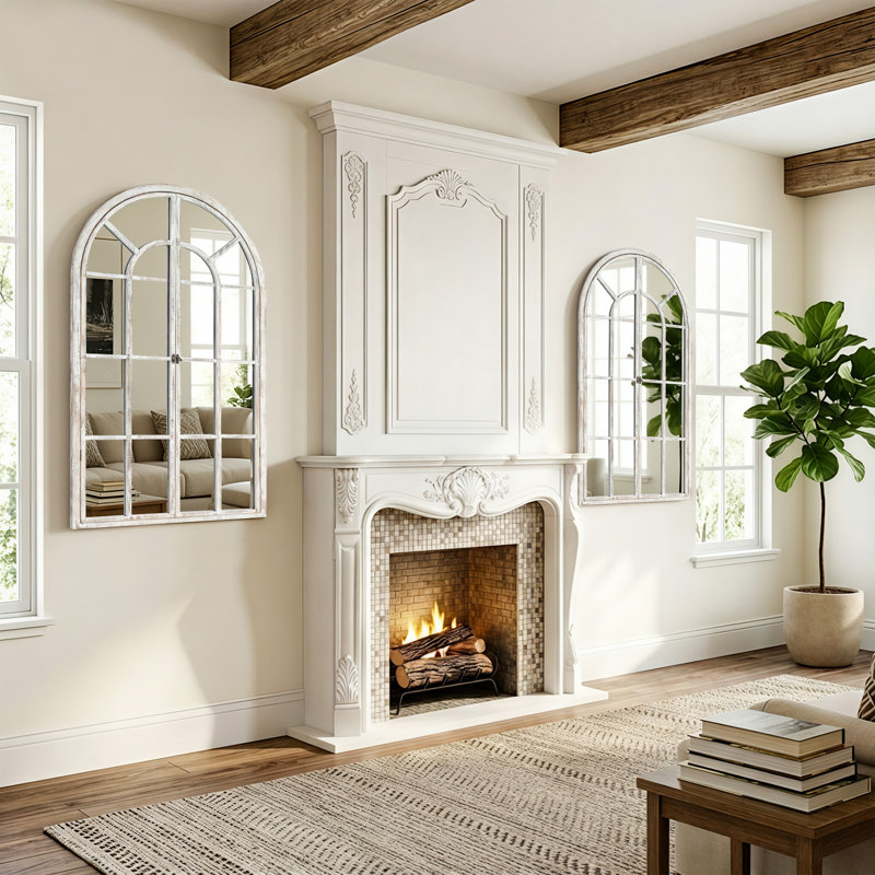 36'' H X 24'' W Farmhouse Wood Frame Accent Mirror Window Pane Decorative Mirror Arch Wall Mirror for Living Room Bedroom