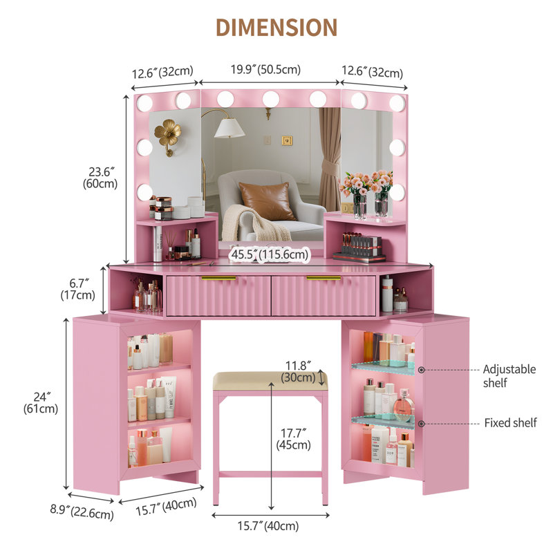 Corner Makeup Vanity - 11 Hollywood Bulbs With Human Sensor Module, Pink