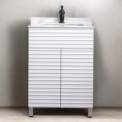 24" Mid-Century Modern Bathroom Vanity With Integrated Sink & Storage – White Wood Grain Finish