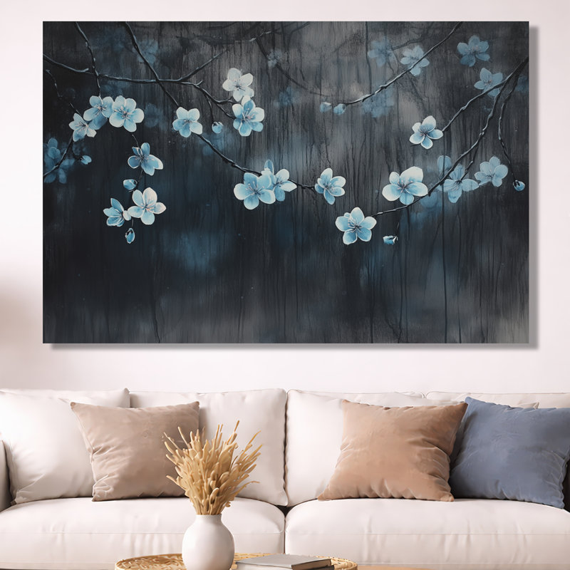 Art mural fleur de cerisier bleu, toile florale de minuit, Immanuel, H 40 po x l 60 po, Toile tendue