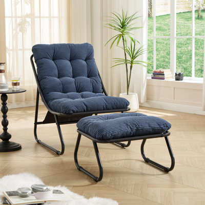Chaise de patio avec repose-pieds, fauteuil inclinable et confortable, coussin épais, convient à la chambre à coucher et au salon, structure noire, charge de 300 livres bleu marine, conception moderne, siège en velours côtelé acier de 300 g pour l'e
