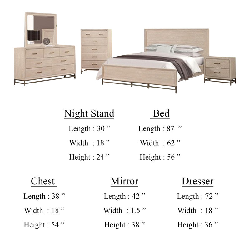 Ensemble de chambre à coucher grand, commode, miroir de commode brun clair 5 pièces Rozie