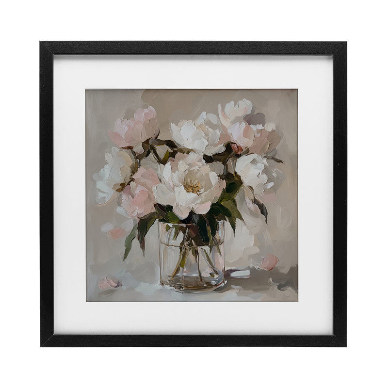 Pivoines roses dans un vase transparent, reproduction sous verre, design par Gina Kelly, H 13 po x l 13 po, Cadre noir minuit