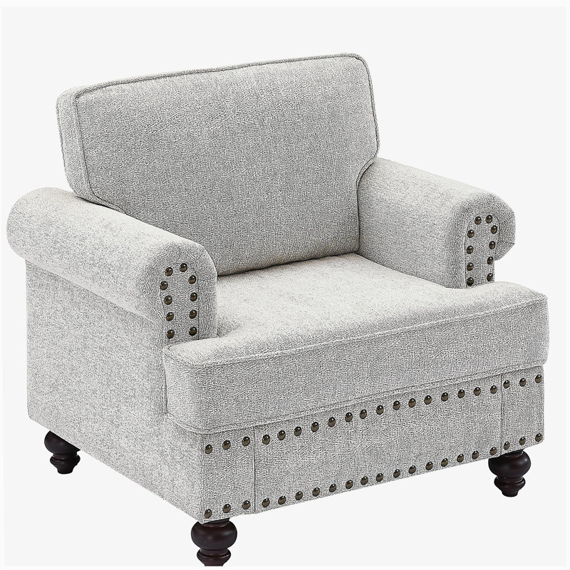 Chenille modern Upholstered Sofas 1 Seater Couches with Nails and Armrests (White), White
