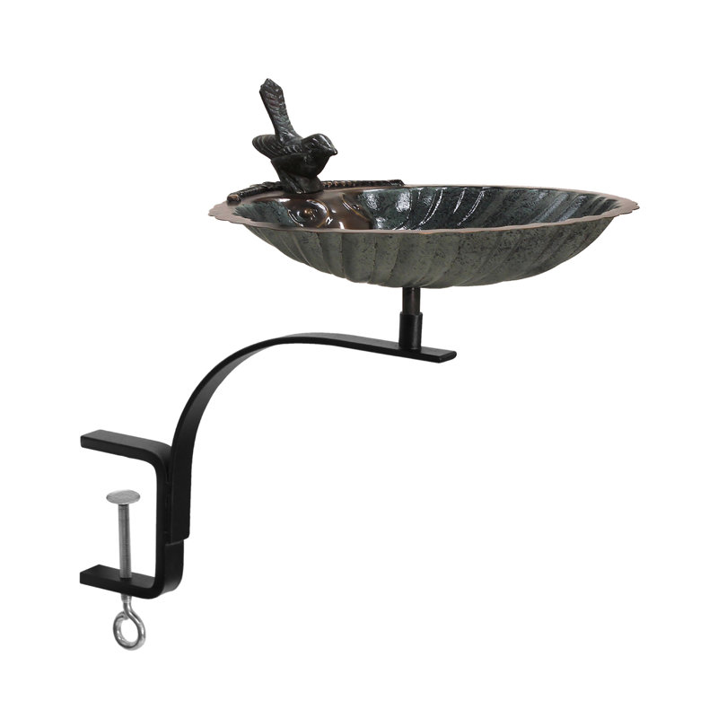 Verdigris Brass Scallop Shell Birdbath with Iron Rail Mount