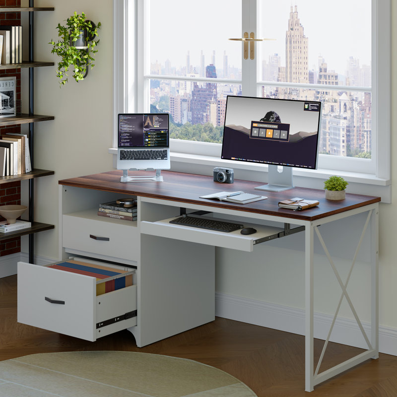Bureau d'écriture avec plateau pour clavier Labelle, Noyer foncé / blanc