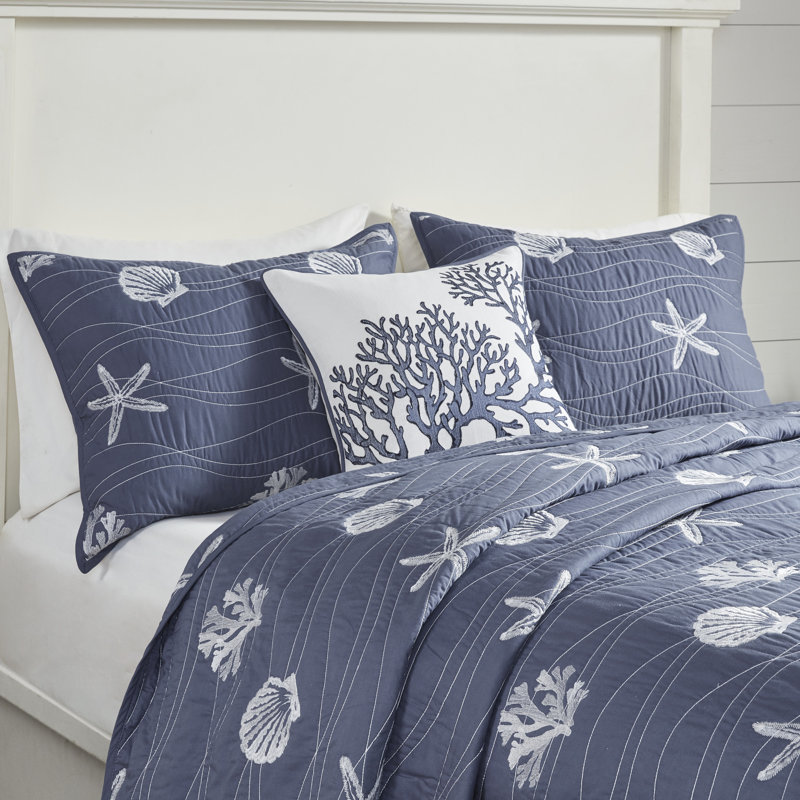 Navy Cotton Coastal Reversible Full Quilt Set