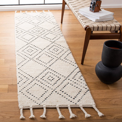 Tapis géométrique en laine / coton tissé à la main Mehaffey en ivoire / noir