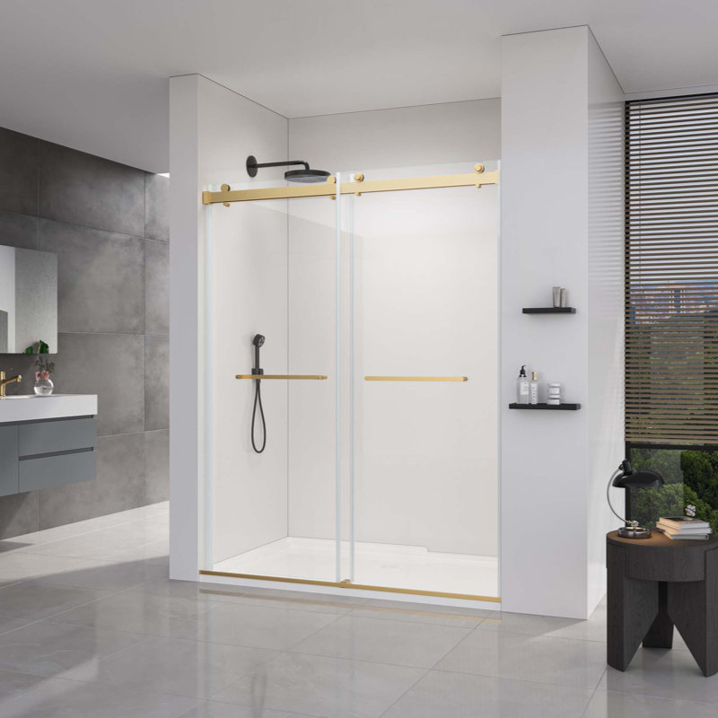 Frameless Double Sliding Shower Door,  Shower Glass Door With 5/16" (8Mm) Clear SGCC Tempered Glass, Explosion-Proof Film, Stainless Steel Hardware